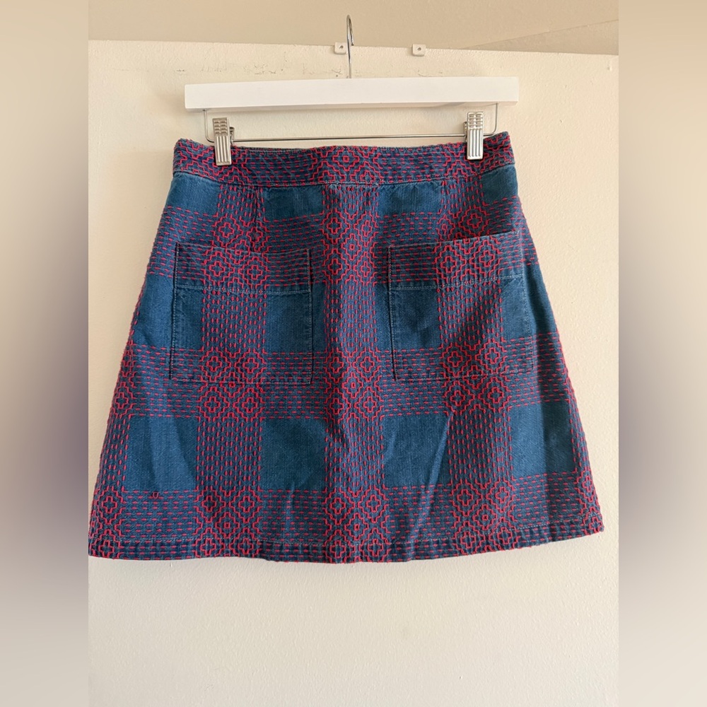 Blue Denim Women's Skirt with Red Embroidery